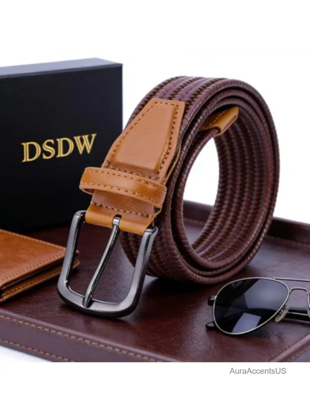 Men's Woven Belt Braided Leather Dress Belt Pin Buckle Casual Business
